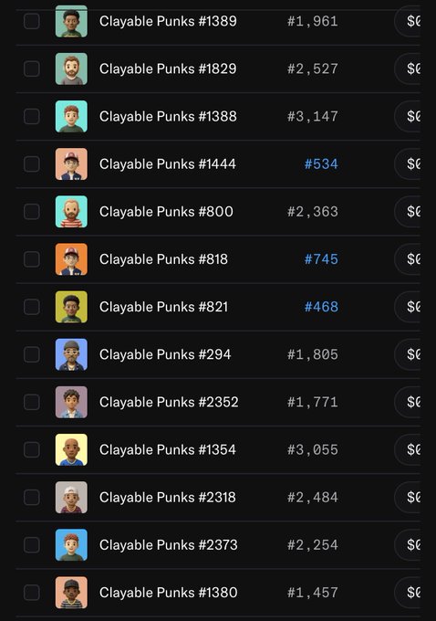 A dark-themed interface displaying a list of 'Clayable Punks' NFTs with their pixel art avatars and corresponding numerical values.