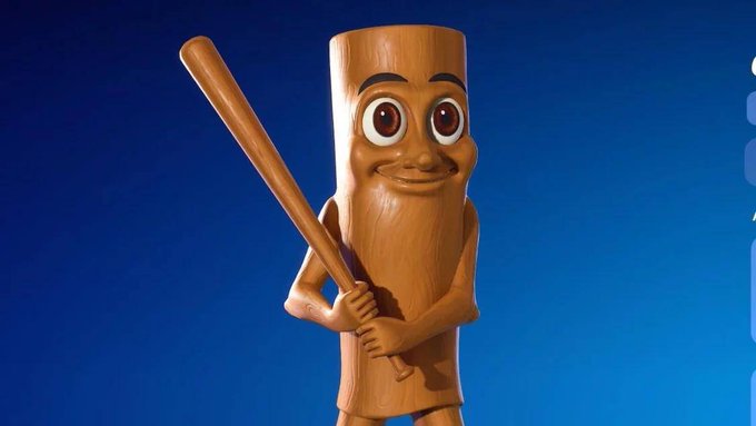 An animated wooden baseball bat character with a smiling face and big brown eyes holds another bat over its shoulder against a blue background. The image humorously illustrates the post about opening a Rip and Win pack and getting $300 of Triple T, referencing the slang "pulling a wooden bat" (a bad/cheap pull) in collectible card culture.