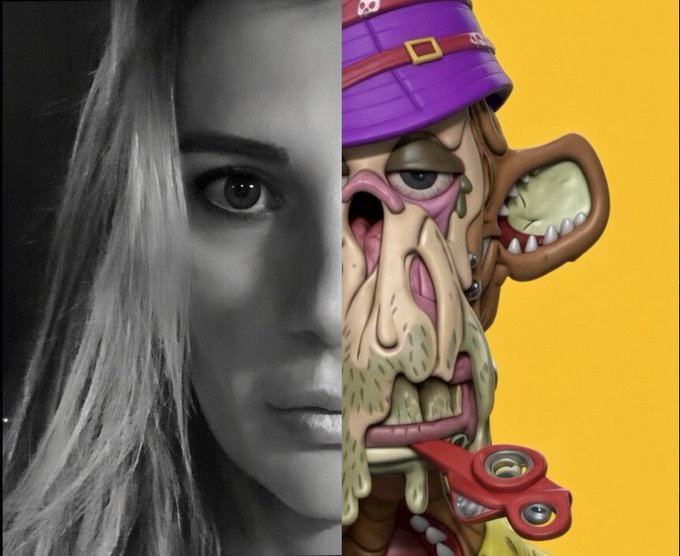 A split-screen artistic image contrasting a black-and-white photograph of a blonde woman on the left with a colorful, grotesque cartoon monster illustration wearing a purple hat on the right, set against a yellow background.