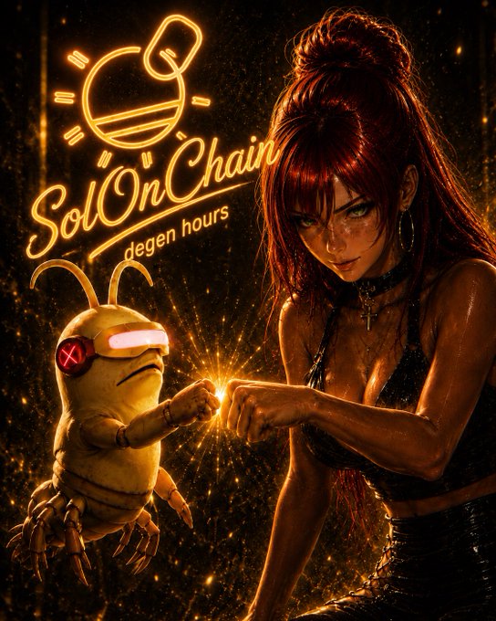 A stylized promotional image featuring a red-haired anime-style woman fist-bumping with a lobster-like creature wearing a VR headset, accompanied by a glowing neon "Sol On Chain" pill logo and the text "degen hours" — visually echoing the post's playful reference to "A BullBear and a Lobster" teaming up for a chaotic crypto streaming segment.