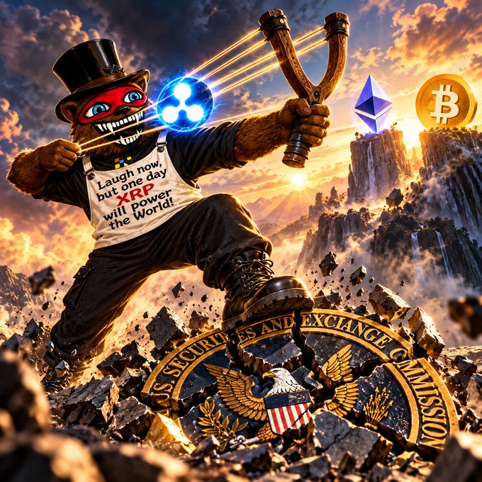 A bearish mascot wearing a top hat and a shirt reading "Laugh now, but one day XRP will power the World!" wields a glowing XRP slingshot while standing triumphantly on the shattered seal of the U.S. Securities and Exchange Commission, with Ethereum and Bitcoin symbols visible in the background. The image visually captures the post's message of XRP's victory over regulatory hurdles and its rising position among top crypto assets.