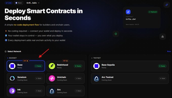 A webpage titled 'Deploy Smart Contracts in Seconds' shows network options with a red arrow pointing to 'Base' on the Base Sepolia network.