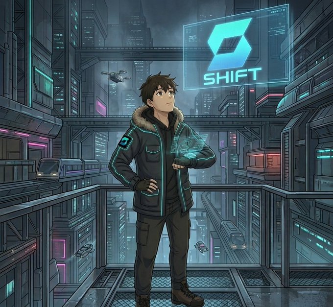 Anime-style illustration of a brown-haired young man in a fur-hooded jacket standing on a futuristic cyberpunk city balcony with a holographic "SHIFT" logo floating nearby.