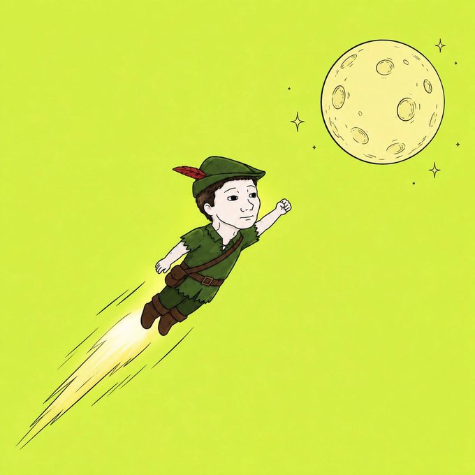 A cartoon illustration of a Peter Pan-like character flying through a green sky toward a yellow moon, leaving a trail behind them.