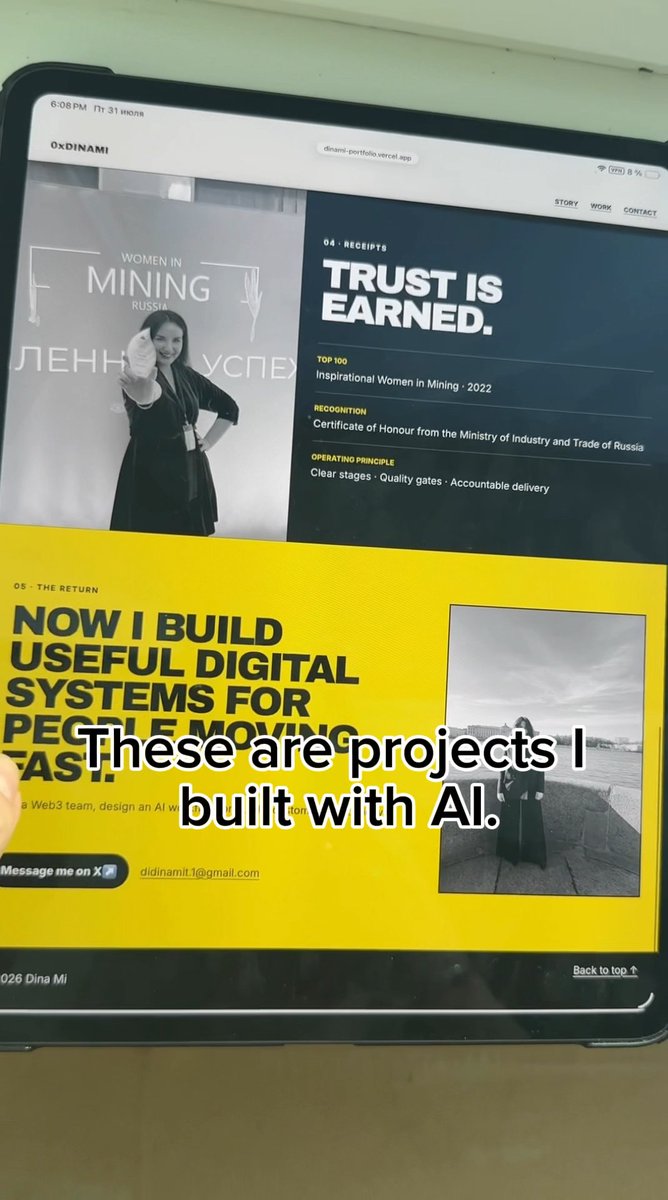 A tablet displays a portfolio website titled 'DINA MI' featuring 'Women in Mining Russia' and 'Trust is Earned' sections, with overlaid text reading 'These are projects I built with AI.'