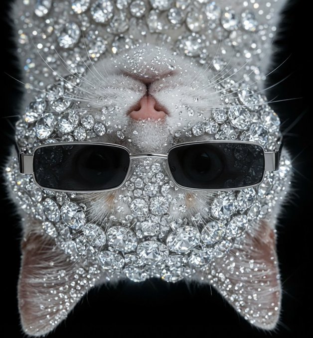 The image features a cat wearing sunglasses with diamonds on them. The cat's face is covered in diamonds, giving it an extravagant appearance. The sunglasses are placed over its eyes, adding to the overall glamour of the scene. The text "The $USDC ticker, narrative and lore" is also present in the image, which could be a reference to the USDC or another related organization.