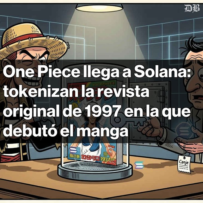 Illustration showing a One Piece manga inside a glass display case between two characters, with Spanish text 'One Piece llega a Solana: tokenizan la revista original de 1997 en la que debutó el manga' and the DeBris logo.