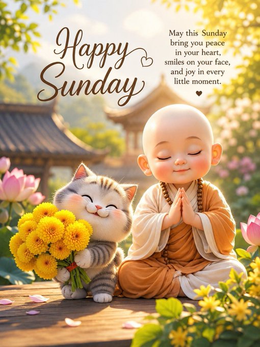 A 'Happy Sunday' greeting card featuring a smiling young monk praying alongside a happy kitten holding yellow chrysanthemums, set against a floral Asian landscape background.