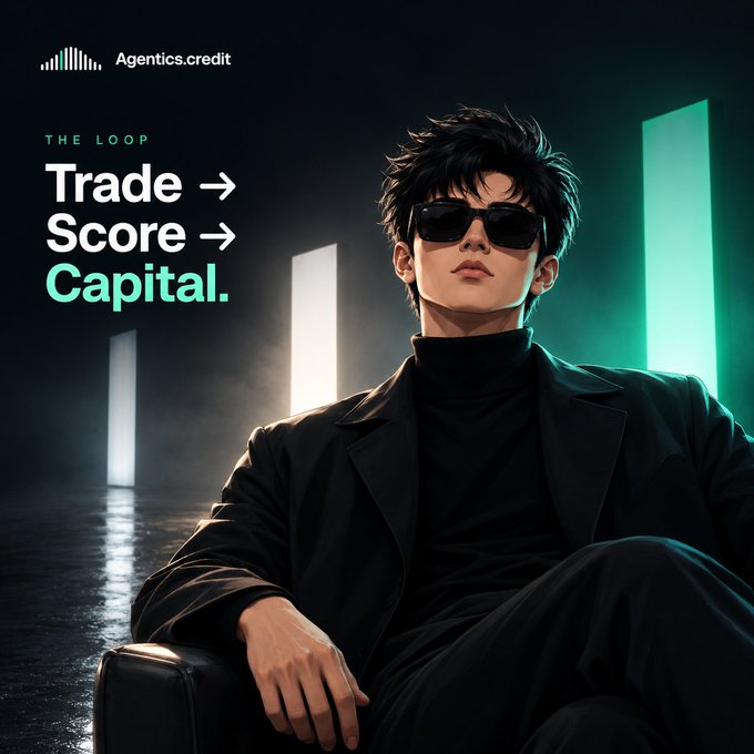 A promotional graphic for 'Agentics.credit' featuring a stylish man in sunglasses and a black suit, with the text 'THE LOOP Trade → Score → Capital.'