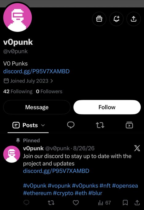 A social media profile for 'v0punk' (@v0punk) showing 'V0 Punks' with a Discord link, 42 following, 0 followers, and a pinned post inviting users to join the Discord server with hashtags like #v0punk and #nft.
