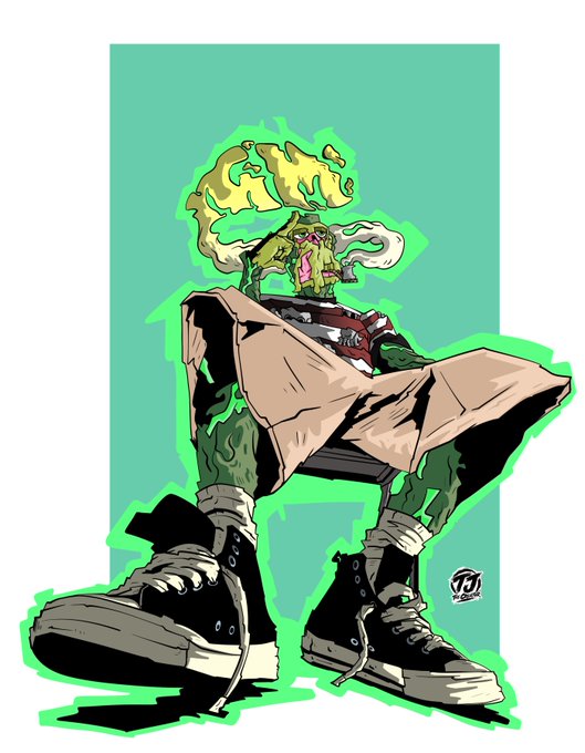 An illustration of a zombie-like character wearing a long coat and large sneakers, smoking a cigarette with yellow smoke rising from its head.