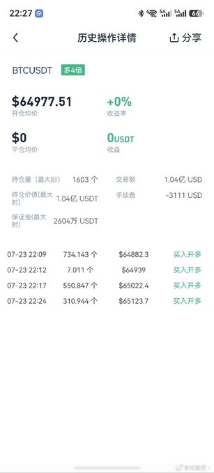A screenshot of a Binance futures trade history page in Chinese showing a long (买入开多) BTCUSDT position with 4x leverage, an opening price of $64,977.51, a position size of 1,604 USDT, and multiple buys executed between 22:09 and 22:24 on 07-23, supporting the poster's surprise that someone opened an opposing trade at the same price.