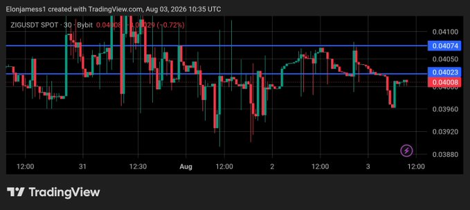 A TradingView candlestick chart for ZIGUSDT SPOT displays price action around the $0.04008 level, posted by 'Elonjamess1' on Aug 03, 2026.