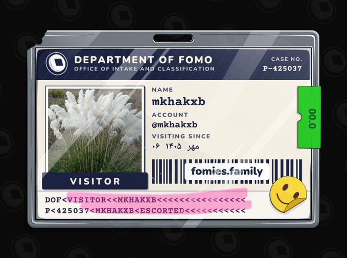 A digital ID card from the 'DEPARTMENT OF FOMO - OFFICE OF INTAKE AND CLASSIFICATION' for user 'mkhakxb' (@mkhakxb), marked as 'VISITOR' with barcode 'fomies.family' and case number P-425037.