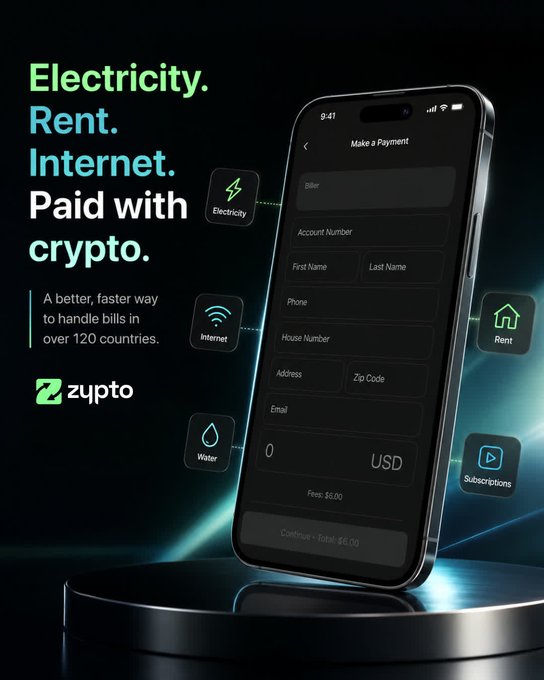 A promotional graphic for Zypto features a smartphone displaying a "Make a Payment" form with fields for Biller, Account Number, Name, Phone, and Address, alongside icons for Electricity, Internet, Water, Rent, and Subscriptions. Bold text on the left reads "Electricity. Rent. Internet. Paid with crypto," highlighting Zypto's service for paying various bills using cryptocurrency across over 120 countries.