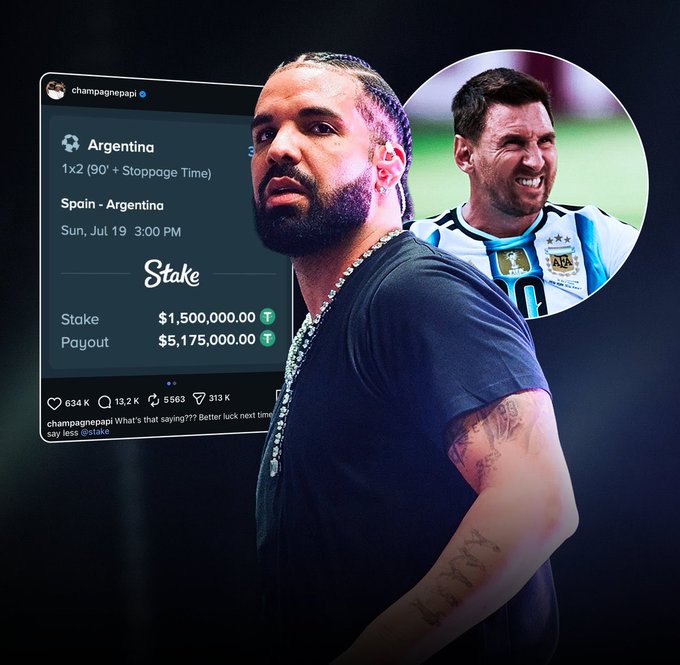 The image shows rapper Drake alongside an Instagram post from his account @champagnepapi displaying a $1,500,000 stake on Argentina to win at 1x2 odds, resulting in a $5,175,000 payout, paired with a photo of Lionel Messi in his Argentina jersey. This relates to the post highlighting Drake's massive $1.5M USDT bet on Argentina to win the FIFA World Cup.