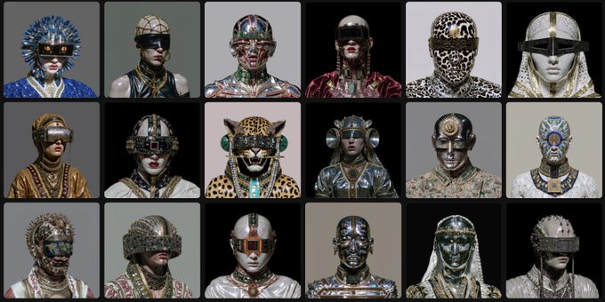 A grid of 18 AI-generated portrait images featuring diverse humanoid figures wearing elaborate futuristic headgear, masks, and accessories with various ornate designs.