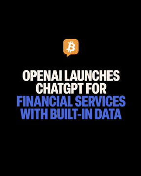 A black graphic with an orange Bitcoin speech bubble icon and text reading 'OPENAI LAUNCHES CHATGPT FOR FINANCIAL SERVICES WITH BUILT-IN DATA' in white and blue.