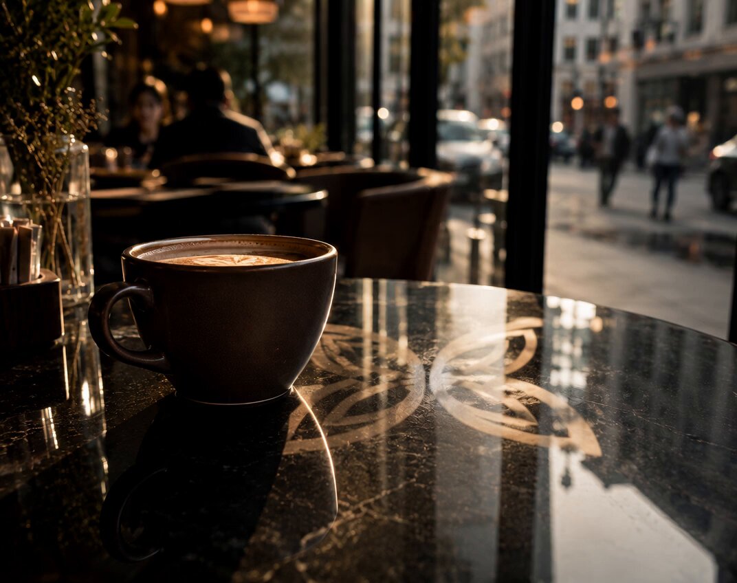 The image features a black table with a cup of coffee sitting on top, possibly at a cafe or restaurant. The background shows a window overlooking a street where several people are walking by. There's also an interesting butterfly design on the table that adds a unique touch to the scene.