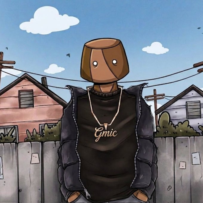 urn-shaped head with brown hair and a gold chain necklace, standing against a blue sky with white clouds and houses in the background.