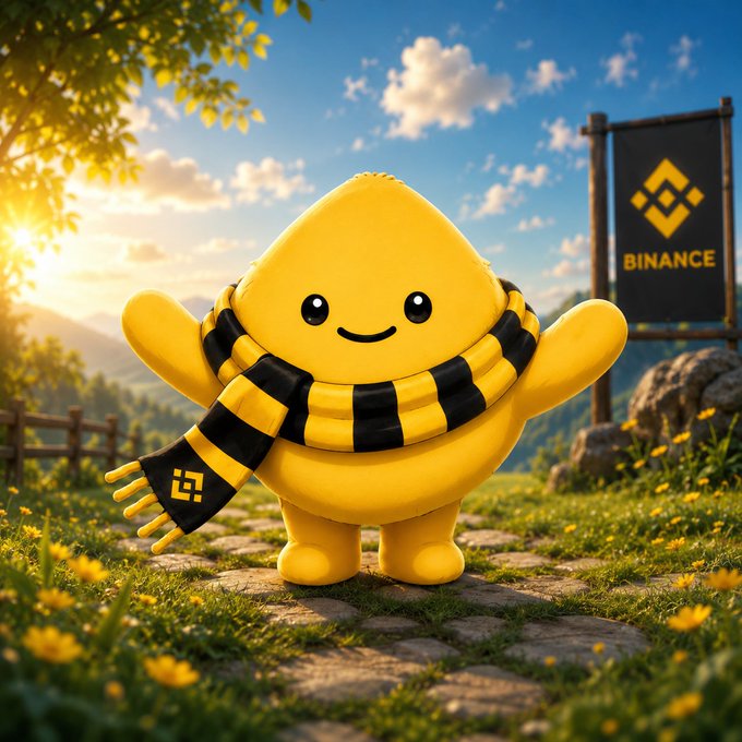 A cheerful yellow diamond-shaped mascot wearing a black and yellow striped Binance scarf stands in a sunlit meadow, with a "BINANCE" banner displayed behind it, visually embodying the $BIBI mascot described as Binance's official AI-powered character and Agentic Finance representative.