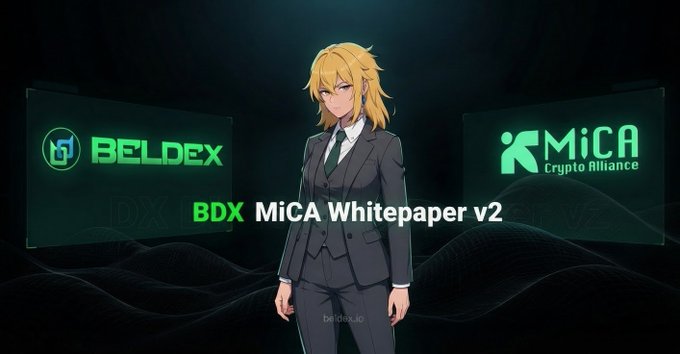 A promotional graphic featuring an anime-style blonde character in a suit, with "BELDEX" and "MiCA Crypto Alliance" logos flanking her, advertising the "BDX MiCA Whitepaper v2."