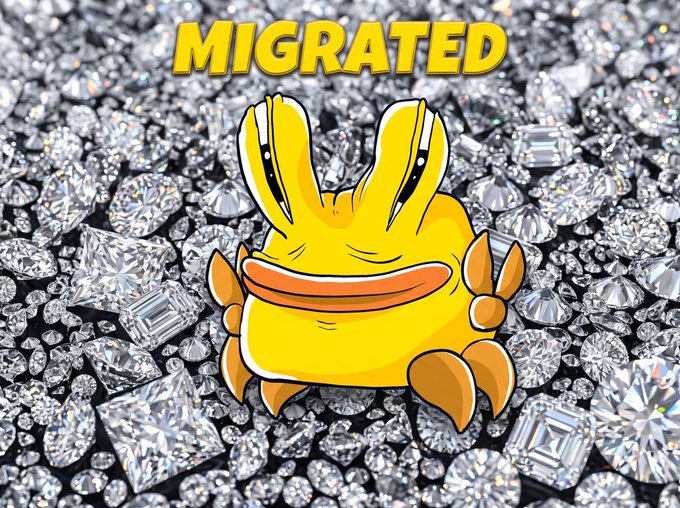 A cartoon yellow crab character with a content smile sits atop a bed of sparkling diamonds, beneath bold yellow text reading "MIGRATED." The luxurious diamond background reinforces the post's boast that 87% of the supply has been migrated, celebrating strong holder conviction for the token.