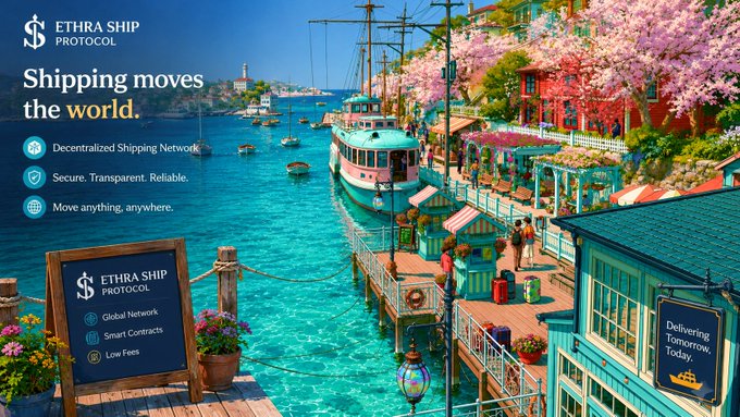 A vibrant, AI-generated maritime harbor scene advertising the "Ethra Ship Protocol," featuring a bustling waterfront with a large ship, colorful buildings, cherry blossoms, and signage highlighting its "Decentralized Shipping Network" with promises of being "Secure. Transparent. Reliable" and a slogan reading "Shipping moves the world," visually reinforcing the post's theme of modernizing maritime trade through AI and decentralized technology.