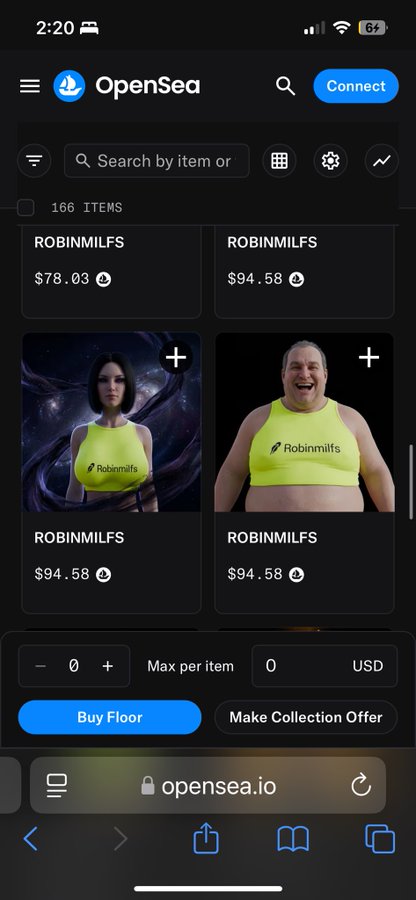 A mobile screenshot of OpenSea showing the 'ROBINMILFS' NFT collection with items priced around $78-$94, featuring a digital female avatar and a laughing man in a yellow tank top.