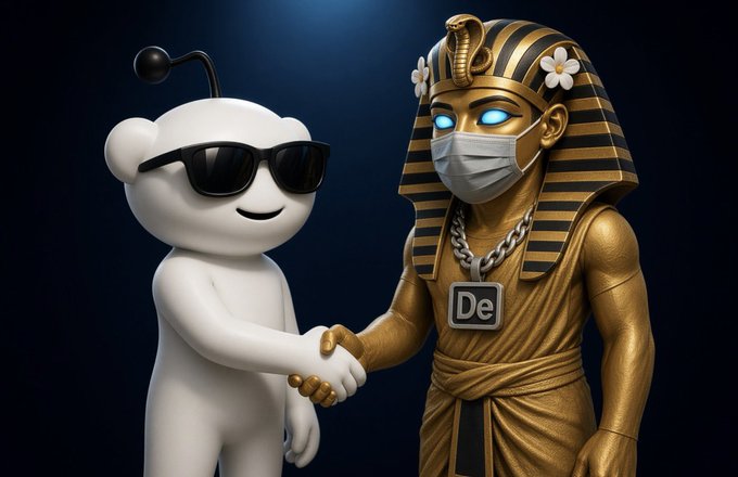 Reddit's white alien mascot Snoo wearing sunglasses shakes hands with a golden Egyptian pharaoh wearing a surgical mask and a 'De' chain pendant.