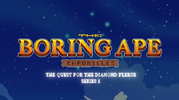 Title screen for "THE BORING APE CHRONICLES - THE QUEST FOR THE DIAMOND FLEECE SERIES 1" displayed in stylized orange pixel font against a starry night sky background.