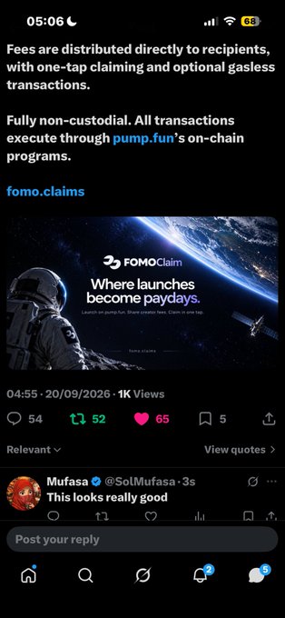 A phone screenshot shows a social media post about FOMOclaim with text reading "Fees are distributed directly to recipients, with one-tap claiming and optional gasless transactions" and "Where launches become payday."