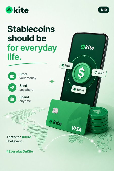 A promotional graphic for a crypto app called 'kite' with the tagline 'Stablecoins should be for everyday life,' showing a phone screen, a Visa card, and coins, with hashtags #EverydayOnKite.