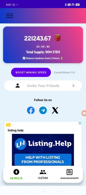 A Starx mining app screenshot showing a balance of 221,243.67 tokens with a current mining rate of 24.7613/h against the stated 90M STRX total supply, alongside an advertisement for Listing.Help and social media follow buttons. The interface displays the platform's mining stats and features a "BOOST MINING SPEED" button, reinforcing the promotional post about Starx's total supply and listing prospects.