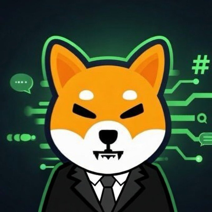 A cartoon Shiba Inu dog wearing a black suit and tie, set against a green circuit board background with chat bubble icons.