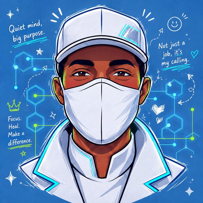 A stylized illustration of a medical worker wearing a white cap and mask against a blue background, with text reading 'Quiet mind, big purpose.', 'Not just a job, it's my calling.', and 'Focus. Heal. Make a difference.'
