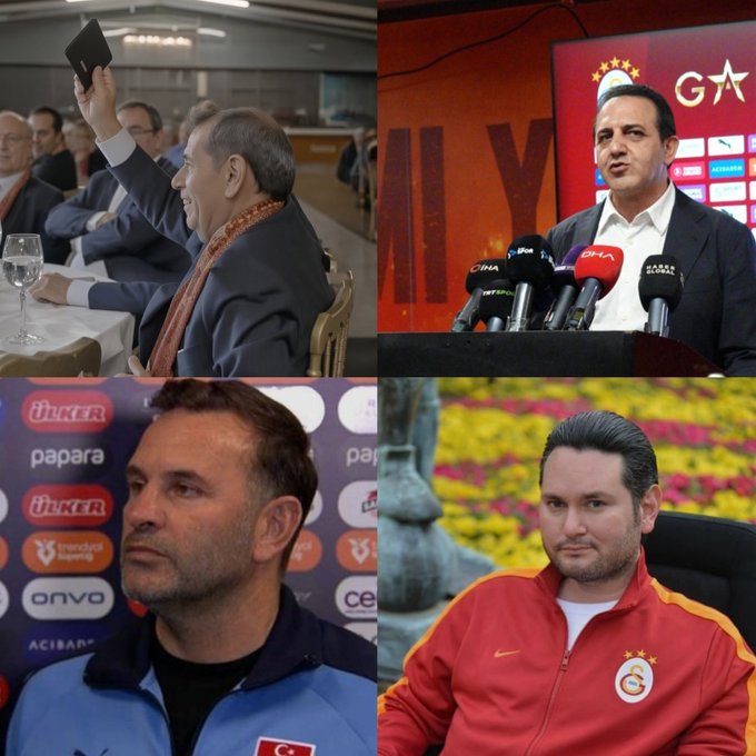 A four-panel collage shows men associated with Turkish football clubs: the top-left shows a suited man taking a selfie at a dinner, the top-right features Galatasaray branding ("GS" logo) with a speaker at a podium surrounded by DHA and other microphones, the bottom-left shows a man in a blue jacket in front of sponsor boards including "Ülker," "papara," and "Trendyol Süper Lig," and the bottom-right shows a man in a red-and-yellow Galatasaray training jacket seated in front of a Galatasaray crest and flower display—collectively illustrating the post's mockery of Galatasaray club officials.