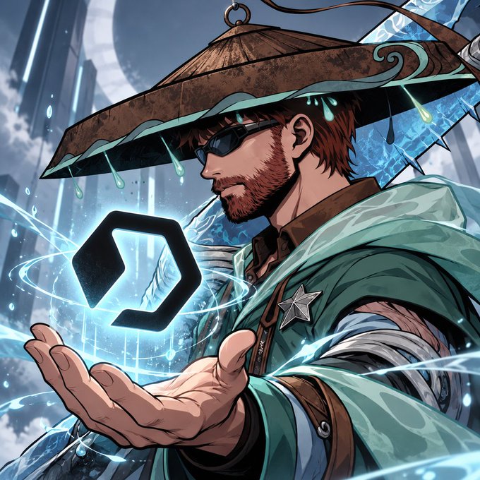 An illustrated character wearing a straw hat and sunglasses holds a glowing blue hexagonal object in their hand amid a futuristic city.