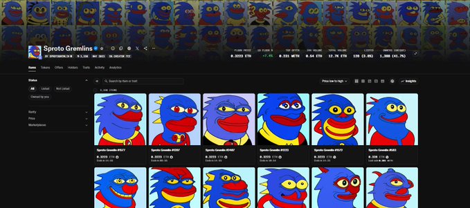 A marketplace page for 'Spro Gremlins', showing a grid of blue, gremlin-like character NFTs with various floor prices in ETH.