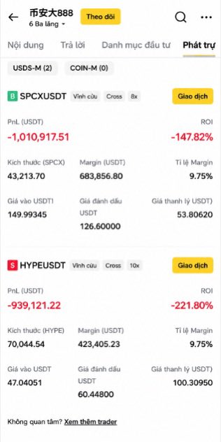 Screenshot of a Binance copy trading interface (in Vietnamese, '币安888') showing significant losses on SPCXUSDT (-147.82% ROI) and HYPEUSDT (-221.80% ROI) positions.