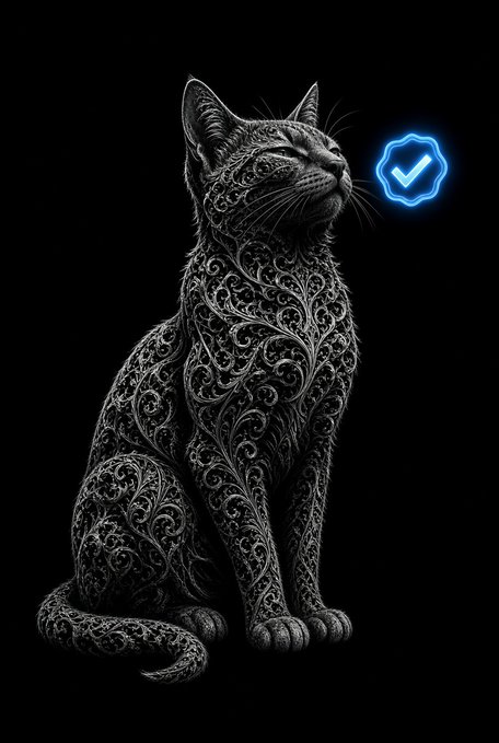 A black and white ornate illustration of a sitting cat with intricate filigree patterns covering its body, alongside a blue glowing checkmark badge.