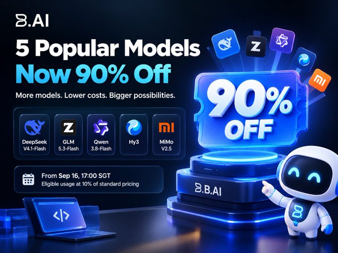 A promotional advertisement for B.AI showing '5 Popular Models Now 90% Off' with model names 'DeepSeek V4.1-Flash', 'GLM 5.3-Flash', 'Qwen 3.8-Flash', 'Hy3', and 'MiMo V2.5', alongside a '90% OFF' badge and a small robot mascot.
