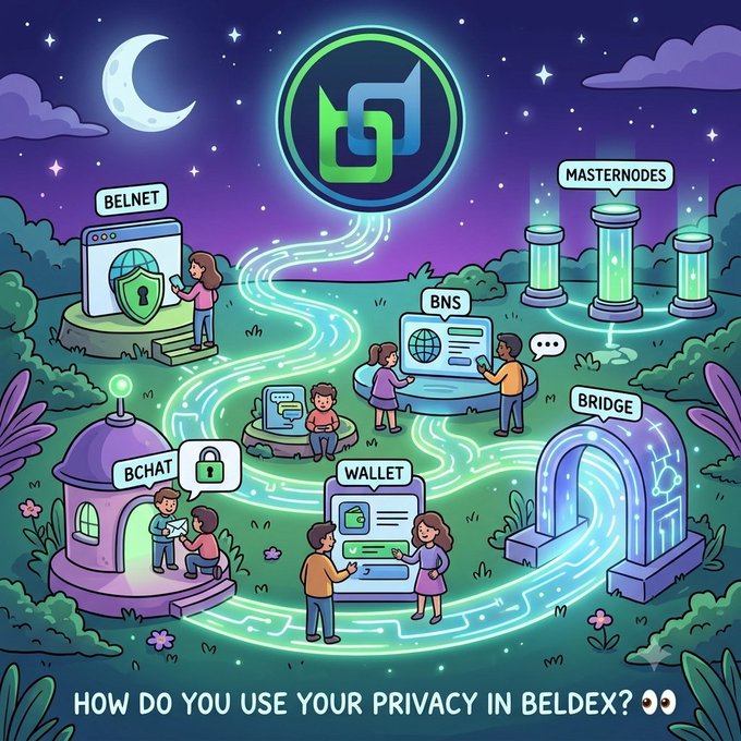 A colorful illustrated scene depicting the Beldex privacy ecosystem at night, featuring labeled icons for 'BELNET', 'BCHAT', 'BNS', 'WALLET', 'MASTERNODE', and 'BRIDGE', with text asking 'HOW DO YOU USE YOUR PRIVACY IN BELDEX?'