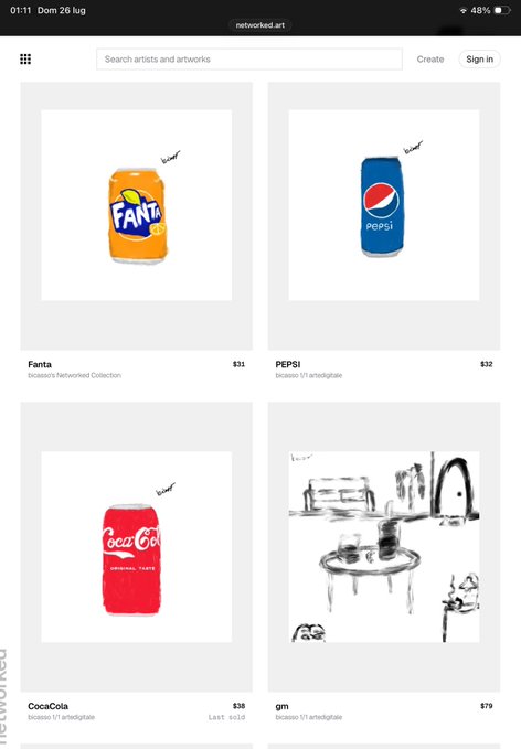 Screenshot of the 'networked.art' website displaying an NFT gallery grid with digital artworks titled 'Fanta' ($31), 'PEPSI' ($32), 'CocaCola' ($28, Last: $122), and 'gm' ($70), each 'bc 14' editioned.