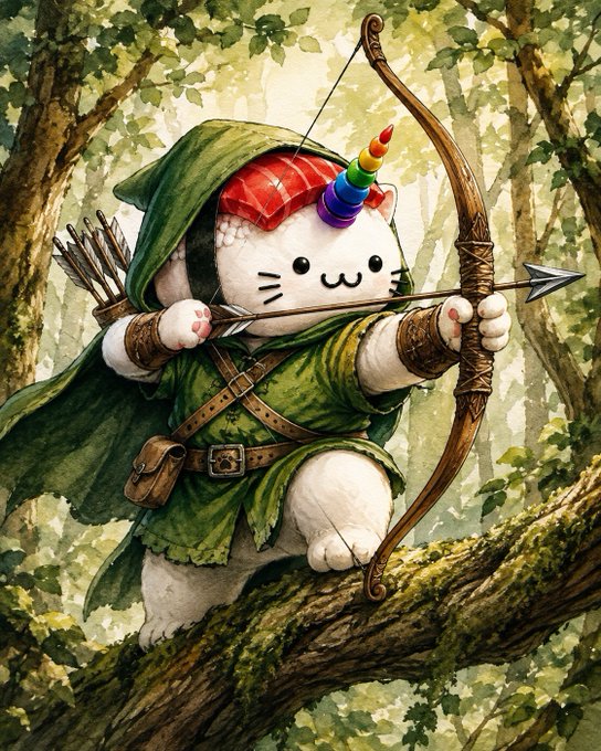 An illustration of Hello Kitty dressed as an archer/Robin Hood character, wearing a green hooded cloak and holding a bow with an arrow drawn, while sitting on a mossy tree branch with a rainbow unicorn horn on her head.