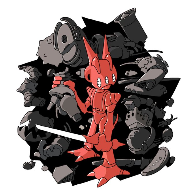 A red robotic demon-like figure with pointed ears and horns wields a glowing sword while standing amidst scattered gray mechanical debris and parts against a white background.