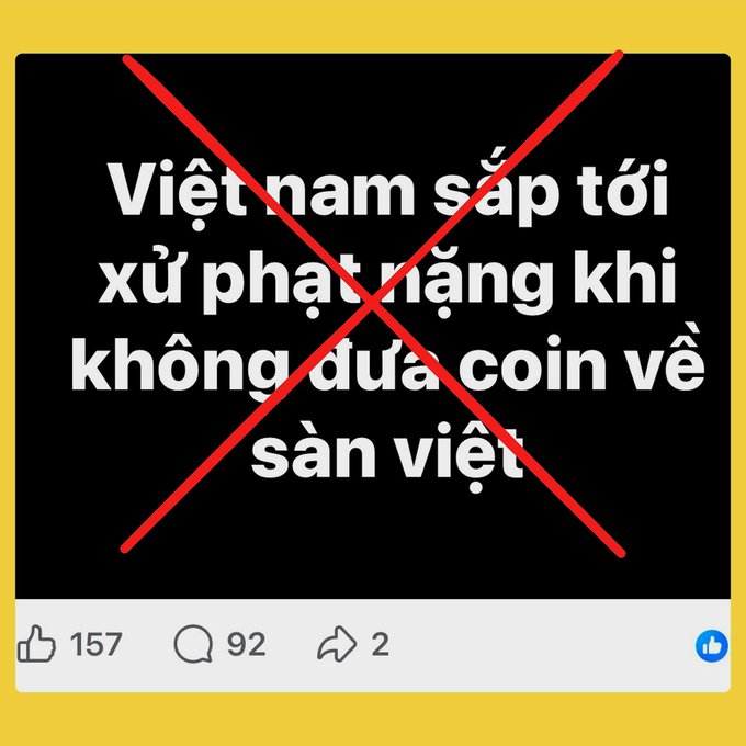 The same debunked Facebook post as Image 3, with Vietnamese text about Vietnam punishing coins not listed on Vietnamese exchanges crossed out in red, displayed on a yellow background.