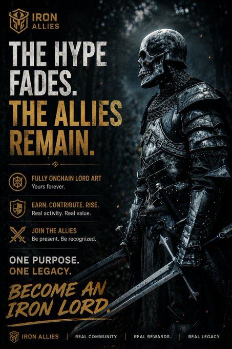 A dark, medieval-themed promotional poster for "IRON ALLIES" featuring a skeleton in armor and text reading "THE HYPE FADES. THE ALLIES REMAIN. BECOME AN IRON LORD."