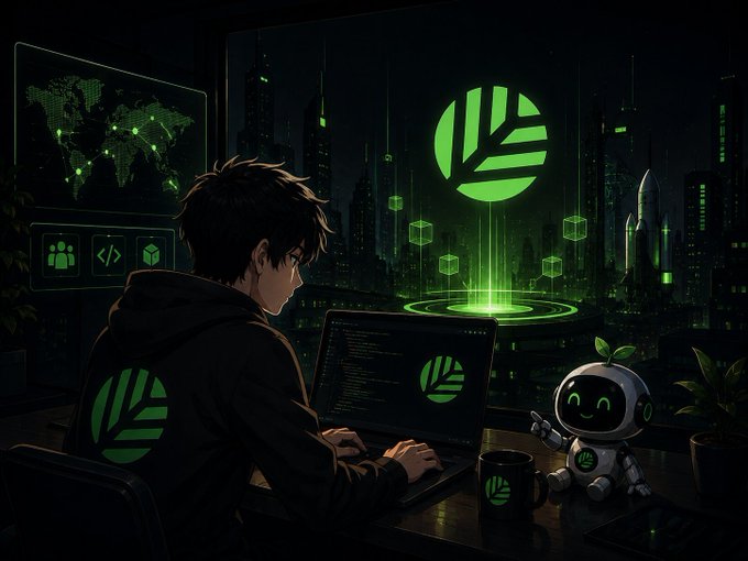 A young developer in a branded hoodie works at a laptop displaying the Canopy leaf logo, accompanied by a small robot companion, with a glowing green Canopy emblem floating above a futuristic cityscape. The image reflects the post's theme of AI-powered, developer-friendly blockchain tooling, with the coding scene and modern cyberpunk setting visualizing Canopy's streamlined on-chain building experience.
