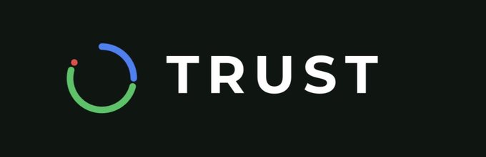The image displays the "TRUST" token logo, featuring a circular design with green and blue segments alongside a red dot, next to the word "TRUST" in bold white letters on a black background. This visually represents the $TRUST token that the post is promoting, which $DOVU holders are encouraged to associate in their wallets using the provided token ID.